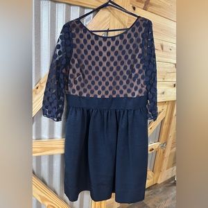 Women’s Dress Navy Blue with Sheer Lace Chest and Shoulders. At the knee.